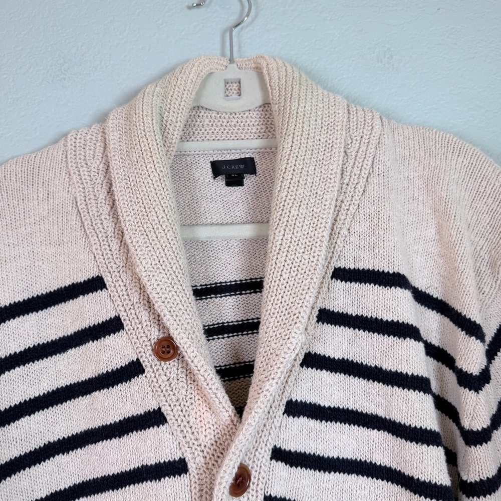 J Crew Cowl Neck Striped Button Down Tan Navy Preppy Cardigan Knit Sweater XL - Picture 4 of 10
